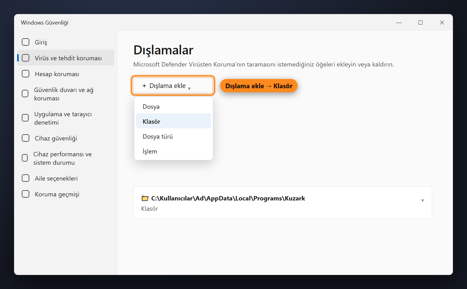 Dışlamalar sayfası, Dışlama ekle menüsünde Klasör seçeneği