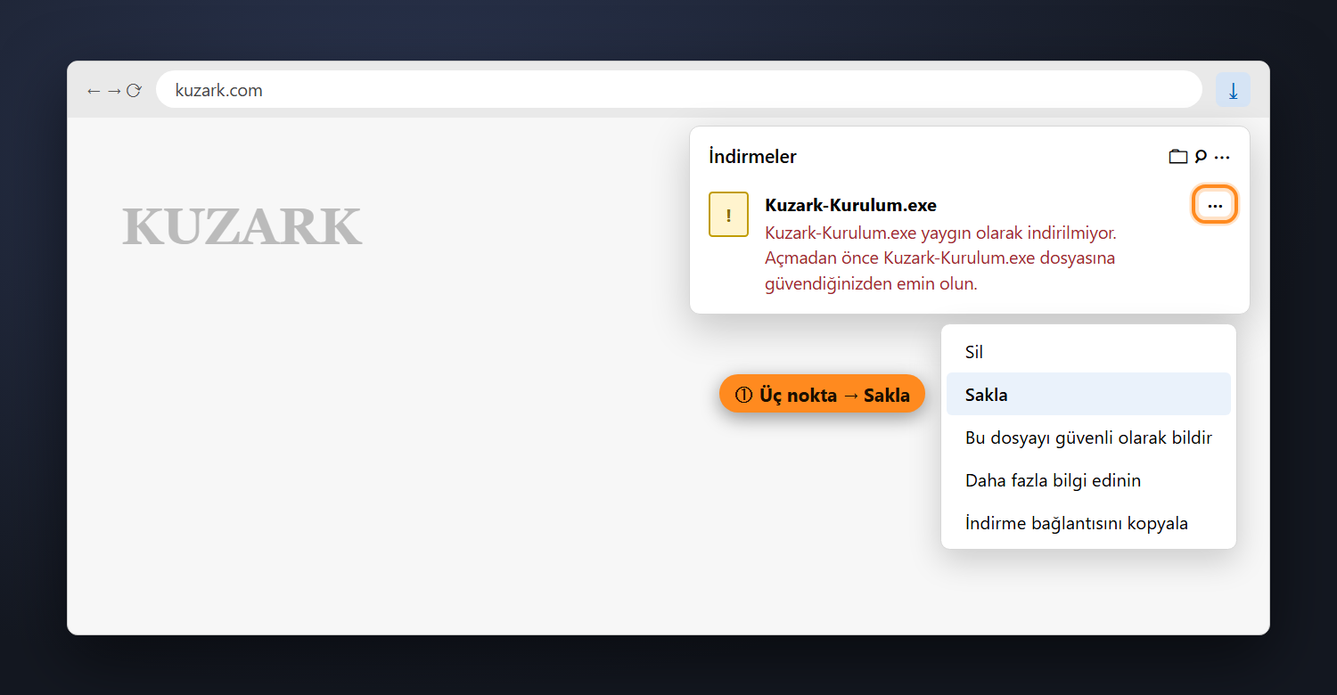 Edge indirmeler paneli, üç nokta menüsünde Sakla seçeneği