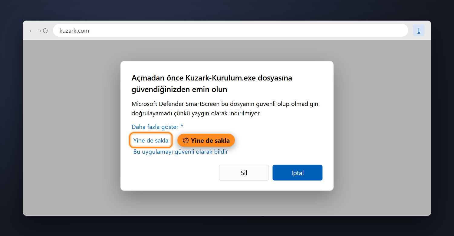 Edge onay penceresi, Yine de sakla bağlantısı işaretli