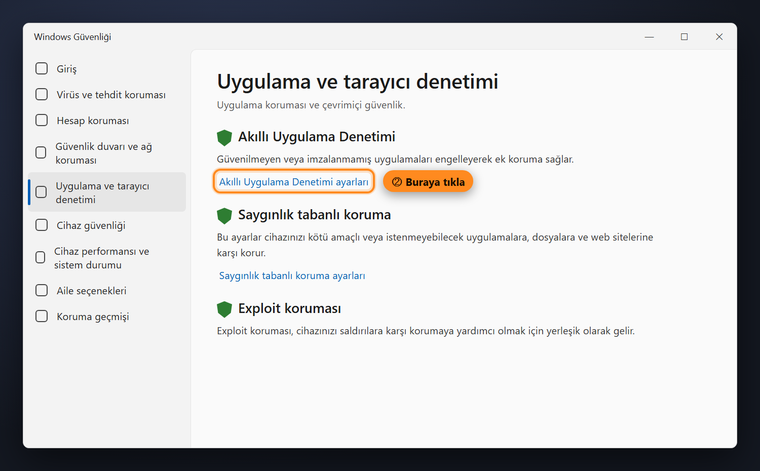 Windows Güvenliği, Uygulama ve tarayıcı denetimi sayfası, Akıllı Uygulama Denetimi ayarları bağlantısı işaretli