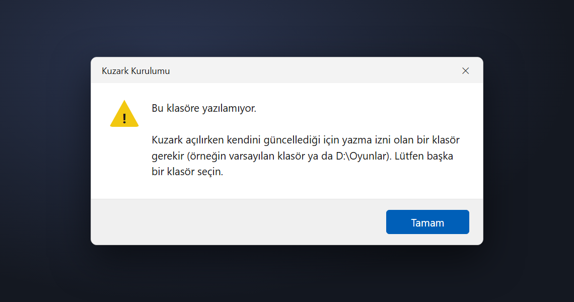 Kurulum sihirbazı, bu klasöre yazılamıyor uyarısı