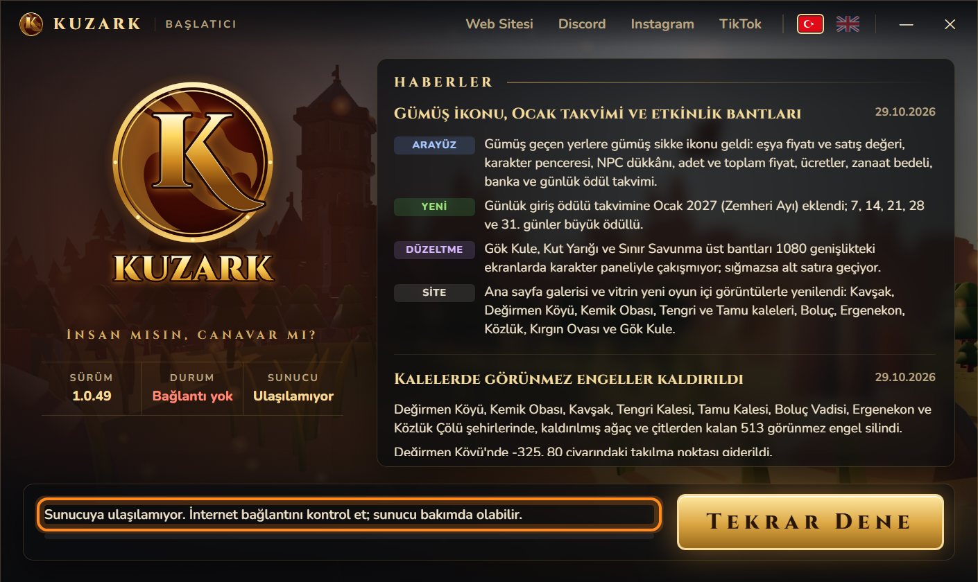 Kuzark launcher, sunucuya ulaşılamıyor uyarısı ve Tekrar Dene düğmesi