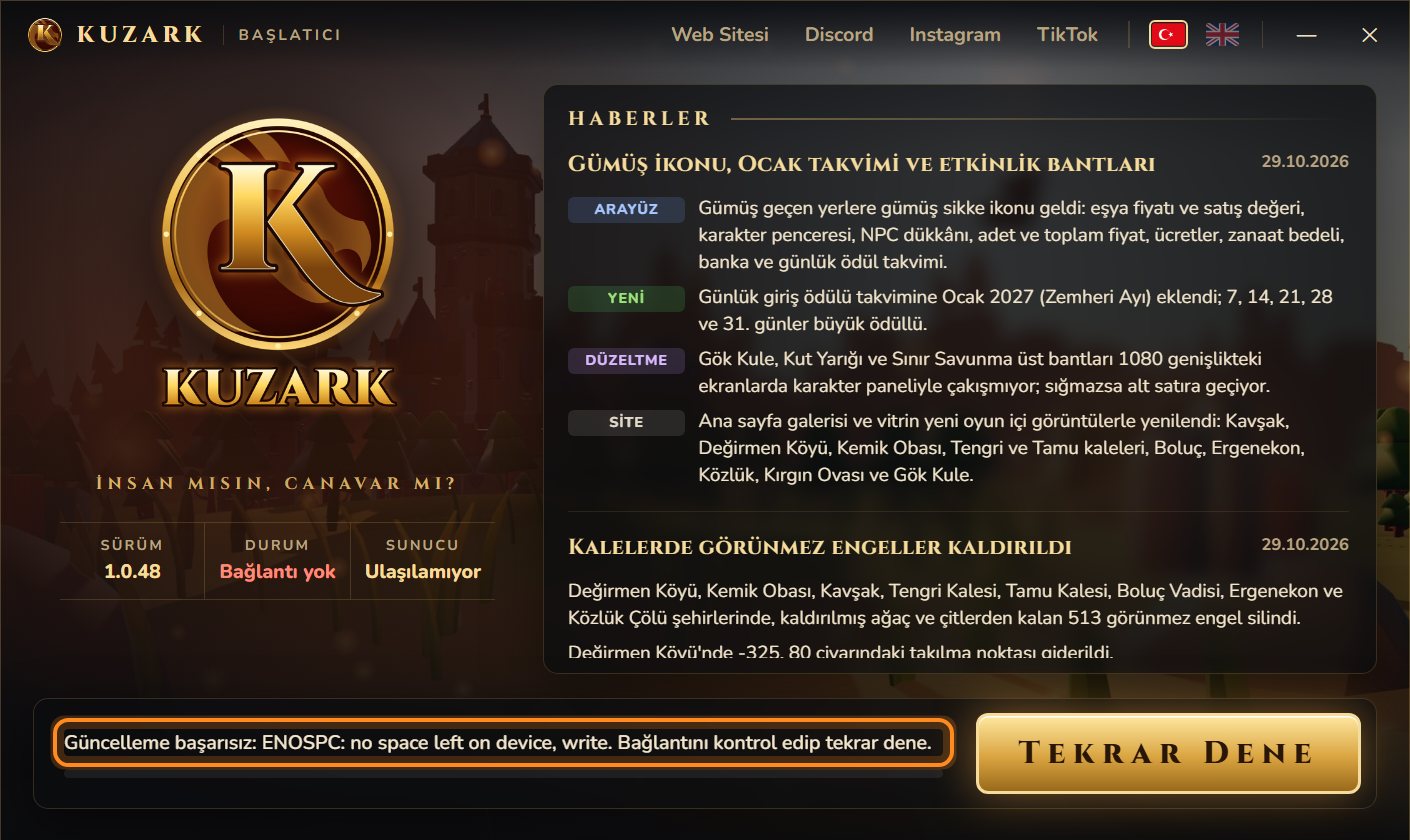 Kuzark launcher, ENOSPC disk dolu hatası