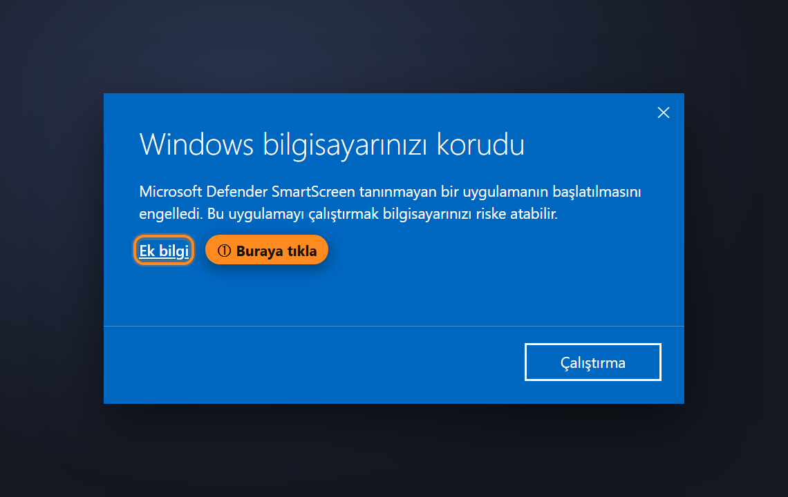 Windows bilgisayarınızı korudu penceresi, Ek bilgi bağlantısı işaretli