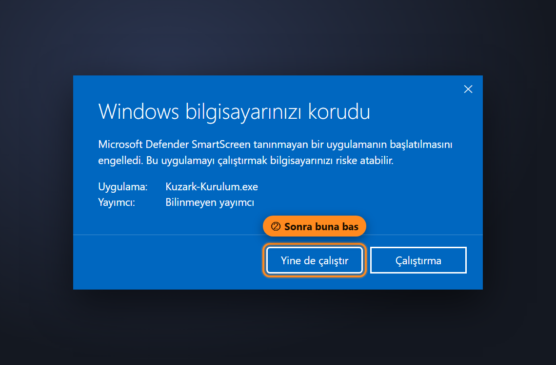 Ek bilgi sonrası pencere, Yine de çalıştır düğmesi işaretli